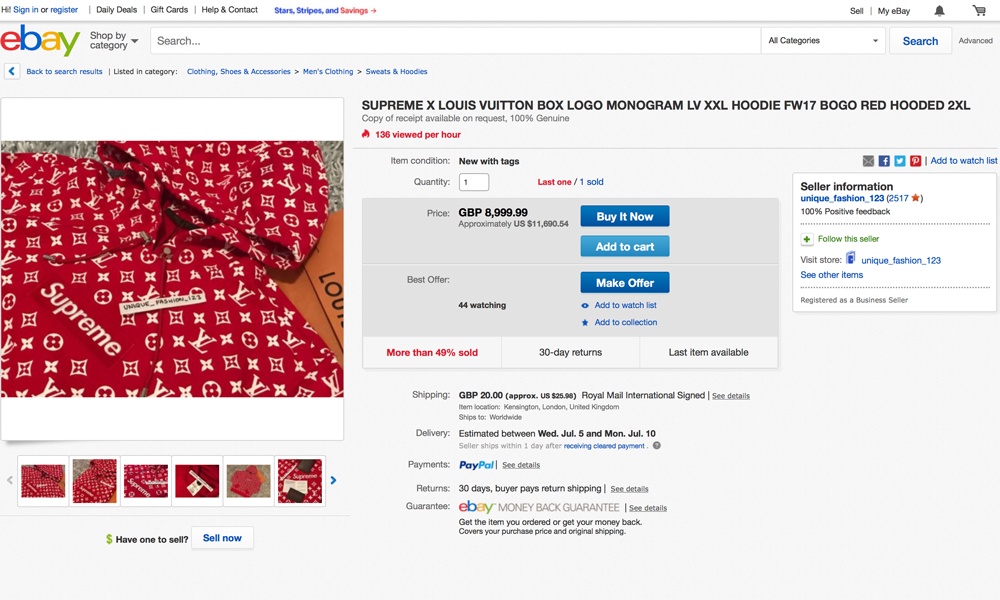 This seller sold 49% of his monogram hoodie stock for 8999.99GBP (90412.10HKD) each.